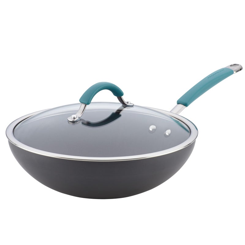 Rachael Ray Cucina Hard-Anodized Nonstick Covered Stir Fry Pan, 11-Inch, Gray, Agave Blue Handles - Image 1